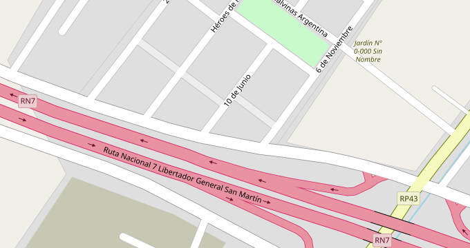 Mapa de OpenStreetMap con la ubicación de la Escuela Superior de Oficios Manuel Belgrano, sobre la Ruta Nacional 7 en San Martín, Mendoza